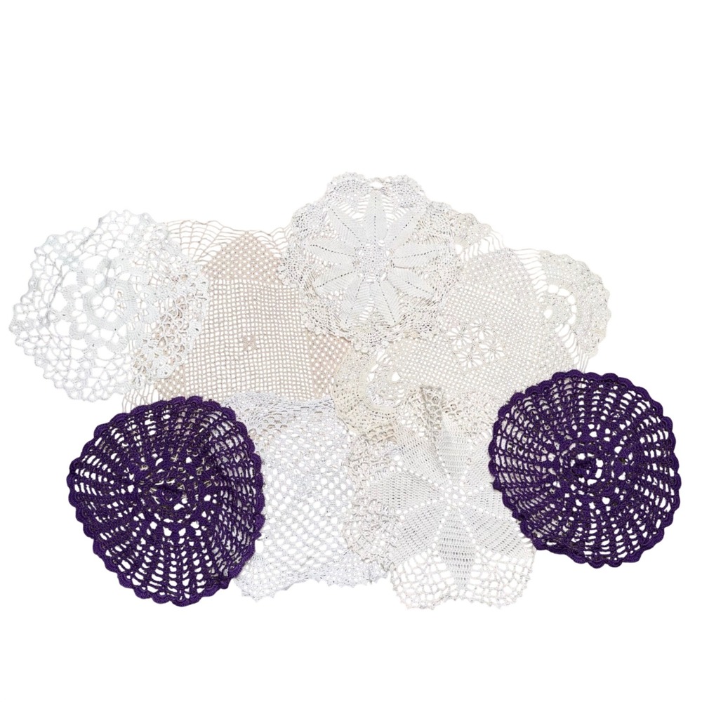 Vintage Handmade Crochet Doily Lot 8pc Purple White Cream Lace Mixed Shapes GOOD